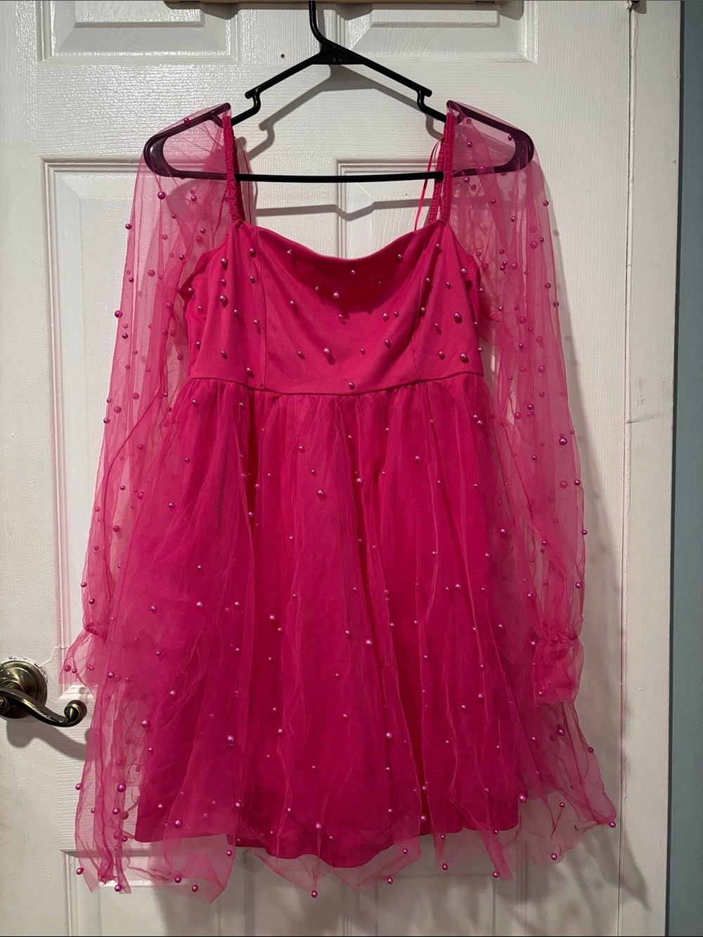 Hot Pink Tulle Party Dress with Pearl Dot Accents - Picture 2 of 6
